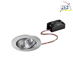 Recessed LED spot, IP20, round, 230V AC, 6W 3000K 640lm 38, swivelling 20, matt alu