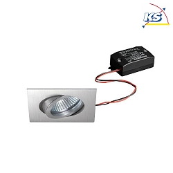 Recessed LED spot, IP20, square, 230V AC, 6W 3000K 640lm 38, swivelling 20, matt alu