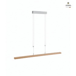 Wooden LED pendant luminaire LIGNUM, variable height, dimmable, matt aluminium / natural oak, length 82cm, 18W 2700K 2250lm