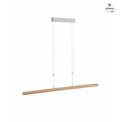 Wooden LED pendant luminaire LIGNUM, variable height, dimmable, matt aluminium / natural oak, length 112cm, 24W 2700K 3000lm