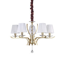 Pendant luminaire PEGASO, 5 flames,  72cm, E14, chrystal, brushed brass / organza