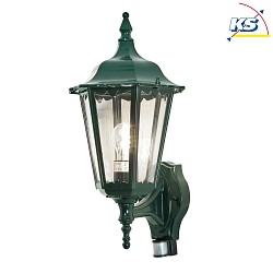 Outdoor wall luminaire FIRENZE with motion detector, E27 max. 100W, green, aluminium / clear glass