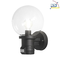 Outdoor wall luminaire NEMI with motion detector, E27 max. 60W, black, plastic / clear glass