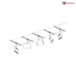 LED Seilsystem CORDUO FRAME, Basisset, 230V / sek. 12V DC, 5x 4.8W 3000K, inkl. 60VA Trafo, 2x 5 Meter, Chrom matt / Chrom  