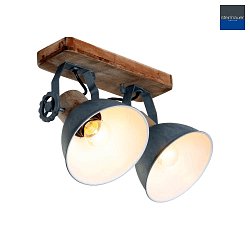 Wand- und Deckenleuchte GEARWOOD, 2-flammig, 2x E27, Kautschuk-Holz natur / Metall, grau matt / innen wei
