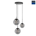 Steinhauer Pendelleuchte BOLLIQUE, 3-flammig, Rondell, 3x E27, schwarz matt / Rauchglas teilverspiegelt
